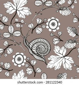 Vector floral watercolor texture pattern with flowers and snails.Watercolor floral pattern.Seamless pattern can be used for wallpaper,pattern fills,web page background,surface textures