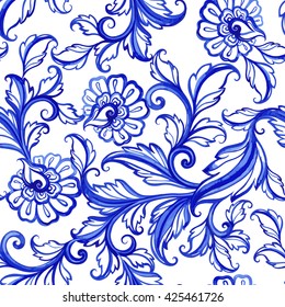 Vector floral watercolor texture pattern with flowers.Watercolor floral pattern.Blue flowers pattern.Seamless pattern can be used for wallpaper,pattern fills,web page background,surface textures
