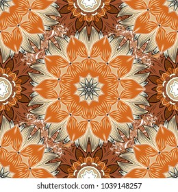 Vector floral wedding decorative elements. Seamless pattern mehndi floral lace of buta decoration items on orange, beige and brown colors.