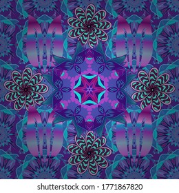 Vector floral wedding decorative elements. Seamless pattern mehndi floral lace of buta decoration items on purple, blue and violet colors.