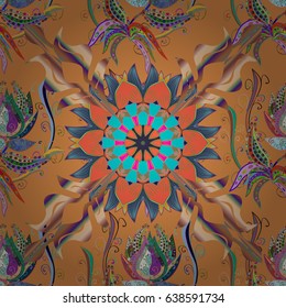 Vector floral wedding decorative elements. Seamless pattern mehndi floral lace of buta decoration items on beige background.
