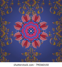 Vector floral wedding decorative elements. Seamless pattern mehndi floral lace of buta decoration items on blue, pink and neutral colors.