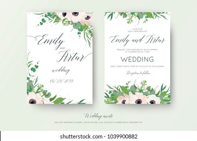 Vector floral wedding double invite, invitation, save the date card design with mauve pink anemones, eucalyptus branches, cute white lilac flowers, greenery plants & leaves. Elegant, delicate template