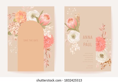 Vector floral wedding invitation card, dry flowers template design with dahlia, anemone, frame set. Watercolor boho flower, elegant greenery modern layout, luxury art deco cover. Botanical poster