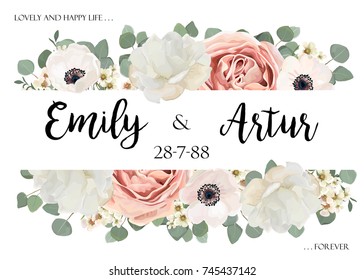 Vector floral wedding invitation, invite, save the date card design with Flower Bouquet of Peach, white Rose, Peony, wax flowers, Eucalyptus green branch, leaf, greenery mix. Elegant, tender template.