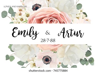 Vector floral wedding invitation invite, save the date card design with Flower Bouquet of Peach white Rose Peony wax Eucalyptus green  branch, leaf, greenery. Elegant tender cute template & copy space