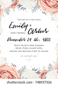 Vector floral wedding invitation invite, save the date card design with Flower Bouquet of Peach, white Rose Peony, dusty miller silver leaves. Elegant, tender winter seasonal cute template. Copy space