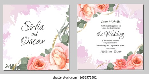 Vector floral wedding invitation. Pink roses, eucalyptus, strokes of pink watercolor, golden round shapes. Templates for your text.