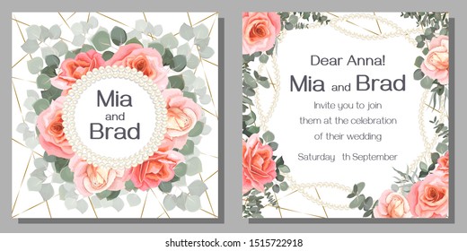 Vector floral wedding invitation. Round pearl frame, beads, pink roses, eucalyptus.
