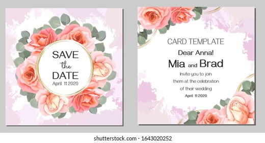 Vector floral wedding invitation. Round gold frame, beads, pink roses, eucalyptus.