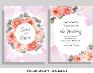 Vector floral wedding invitation. Round gold frame, beads, pink roses, eucalyptus.