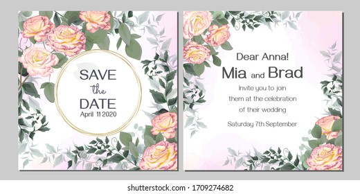 Vector floral wedding invitation. Round gold frame, beads, pink spray rose, green plants and leaves, eucalyptus.