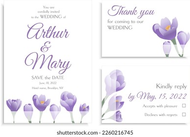 Vector floral wedding invitation set with purple crocus on white background
