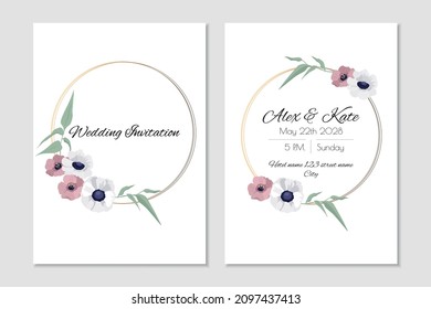 Vector floral wedding invitation template with gold frame and wind flowers