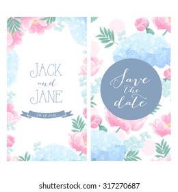 Vector floral wedding invitation template, save the date, peony and hydrangea flowers.