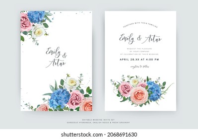 Vector, floral wedding invite, invitation, greeting card. Blue hydrangea, peach, pink, yellow rose flowers, green eucalyptus leaves  editable spring watercolor illustration. Elegant, stylish, chic set