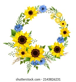 Vector floral wreath with blue and yellow sunflowers, cornflowers, dandelion flowers, gerbera flowers, ears of wheat, and green leaves. Floral circle border. Greeting or invitation card design