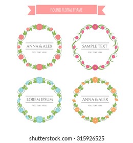 Vector floral wreath border set. Round frames of flowers, roses, peonies, daisy, tulips.