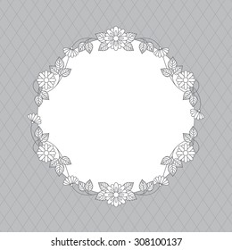 Vector floral wreath of chamomiles for wedding invitations. Black and white illustration. Contour Line Drawing.