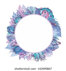 Vector Floral Wreath | Circle frame with blue and purple lotus, lily and peony sketch ornamental flowers for wedding invitation and card design