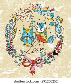 vector floral wreath with colorful  flowers, plants , and two cute owls in love