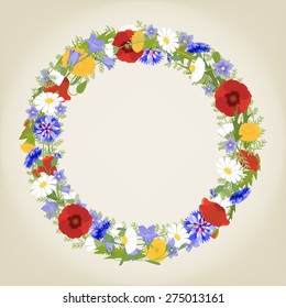 Vector floral wreath with colorful wildflowers and poppies on beige background. Perfect for greeting cards, wedding invitations, retro parties.
