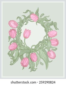 Vector floral wreath composition with bright pink tulips on light mint  background