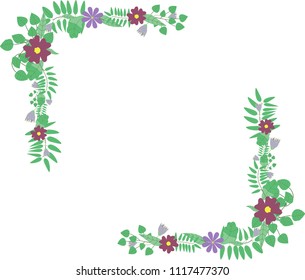 Vector floral wreath decoration. Green branches, leaves, field flowers. Romantic vintage  vector design.