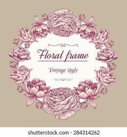 Vector floral wreath of different flowers in vintage style. Beautiful frame of the peonies and persian buttercup