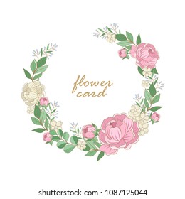 Vector floral wreath. Flowers, leaves and twigs. Composition for a wedding or a postcard. Vector illustration.