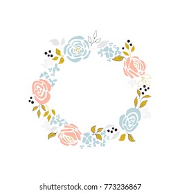 Vector floral wreath. Flowers and leaves in a circle arrangement. For greeting cards, weddings, stationery, invitations, scrapbooking. Cute hand drawn style. Part of a large floral collection.