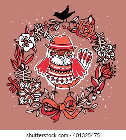 vector floral wreath with a funny owl and a silhouette bird
