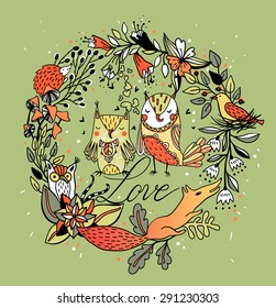 vector floral wreath with hand drawn flowers, plants , animals and two cute owls
