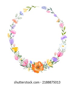 Vector floral wreath illustration. Set of leaves, wildflowers, twigs, floral arrangements. Beautiful compositions of field grass and bright spring flowers
