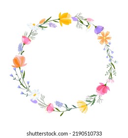Vector floral wreath illustration. Set of leaves, wildflowers, twigs, floral arrangements. Beautiful compositions of field grass and bright spring flowers.