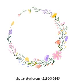 Vector floral wreath illustration. Set of leaves, wildflowers, twigs, floral arrangements. Beautiful compositions of field grass and bright spring flowers