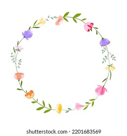 Vector floral wreath illustration. Set of leaves, wildflowers, twigs, floral arrangements. Beautiful compositions of field grass and bright spring flowers