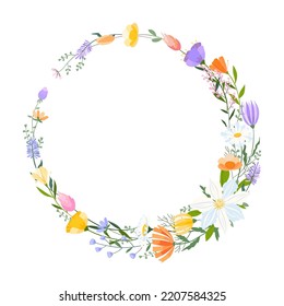 Vector floral wreath illustration. Set of leaves, wildflowers, twigs, floral arrangements. Beautiful compositions of field grass and bright spring flowers