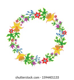 Vector floral wreath isolated on white. Cute circle border frame. Mexican folk style illustration with colorful flowers, green leaves, berries. Design with copy space for card, invitation, banner