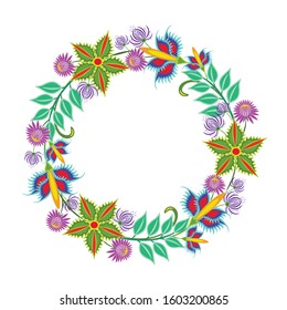 Vector floral wreath isolated on white. Circle border frame with tropical flowers, cactus, green leaves. Folk style illustration in bright colors. Design with copy space for card, invitation, banner