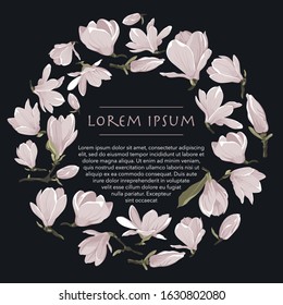 Vector floral wreath of magnolia set. Floral pink bouquet on a dark grey background. Circle frame with spring flower