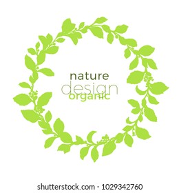 Vector floral wreath of mate branches. Template in circle. Realistic botanical drawing leaves, berry and flowers. Organic silhouette food. Art shape design natural motifs for round green eco symbol 