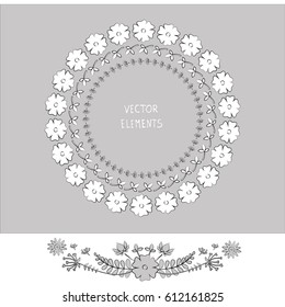 Vector floral wreath with monochrome flowers, leaves, buds. Beautiful postcard with a floral pattern. Design layout for media, fashion and congratulations. Collection of flower brushes and wreaths