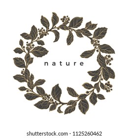 Vector floral wreath. Nature round frame of mate branch, berry, leaves, flower on white background. Nature art line symbol in circle. Herbal design. Hand drawn sketch Elegance bouquet, vintage border 