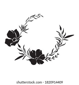 Vector floral wreath on white background. Black & white nature elements for decoration. 