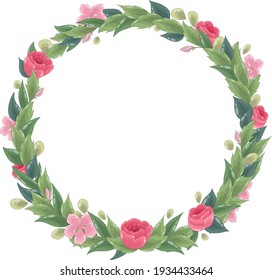 Vector floral wreath. Ornate leaf frame with roses and pink flowers.