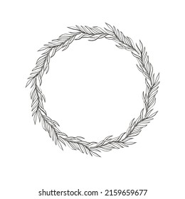 Vector floral wreath with palm leaves. Tropical floral wreath, black and white line art. 