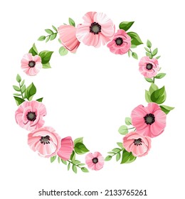 Vector floral wreath with pink poppy flowers and green leaves. Floral circle frame. Greeting or invitation card design.