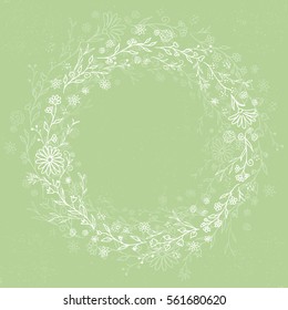Vector floral wreath with place for your text. Spring color round frame with plants and branches. Vector illustration.