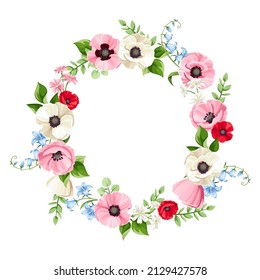 Vector floral wreath with red, pink, blue, and white poppy and bluebell flowers. Floral circle frame. Greeting or invitation card design.